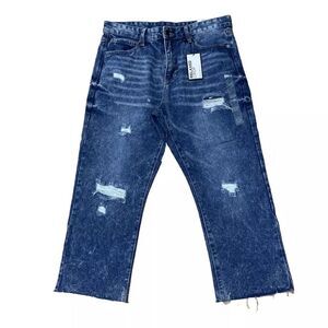 RUE21 Relaxed Crop Jeans Womens 34x26 Blue Distressed Ripped Acid Wash NWT NEW
